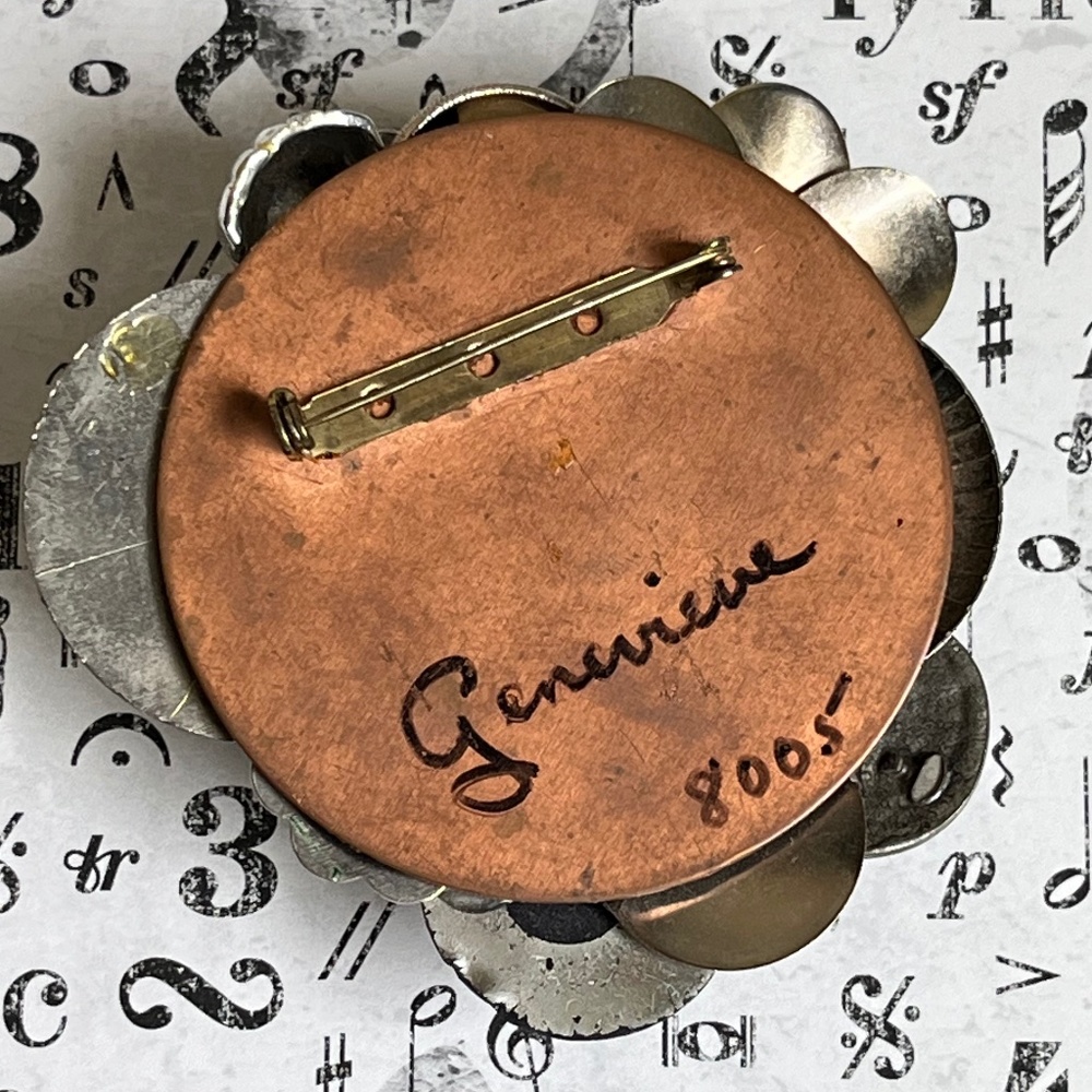 Signed Artisan Multi-Material Metallic Brooch - image 3